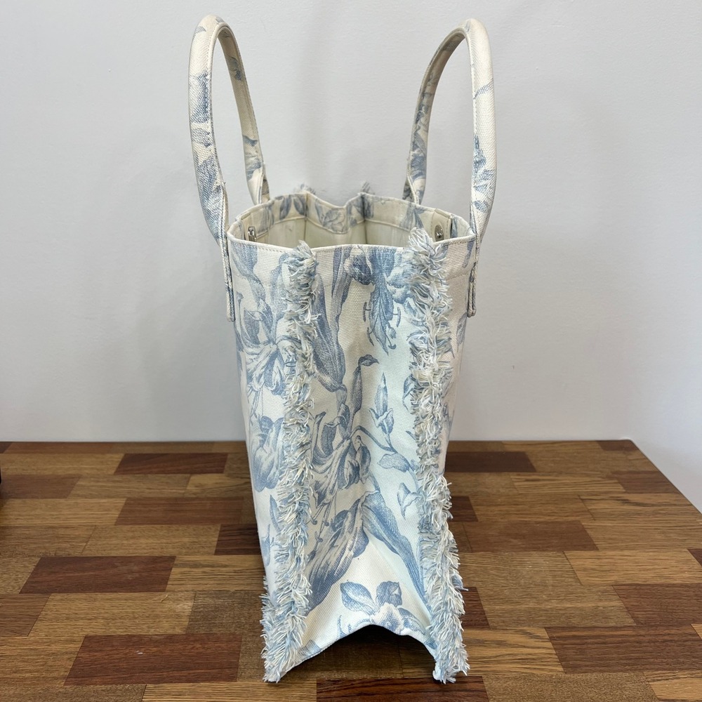 SANDRO Kabash Blue Floral Tote Bag Purse Fringe Hem Large Travel Canvas Designer - Picture 2 of 12